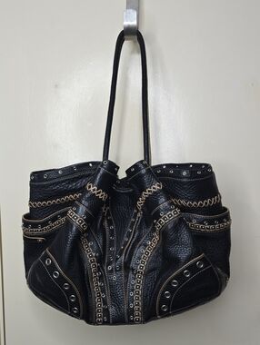 Cole Haan Denny Village Grommet Black Studded Hobo Contrast Stitching Pockets